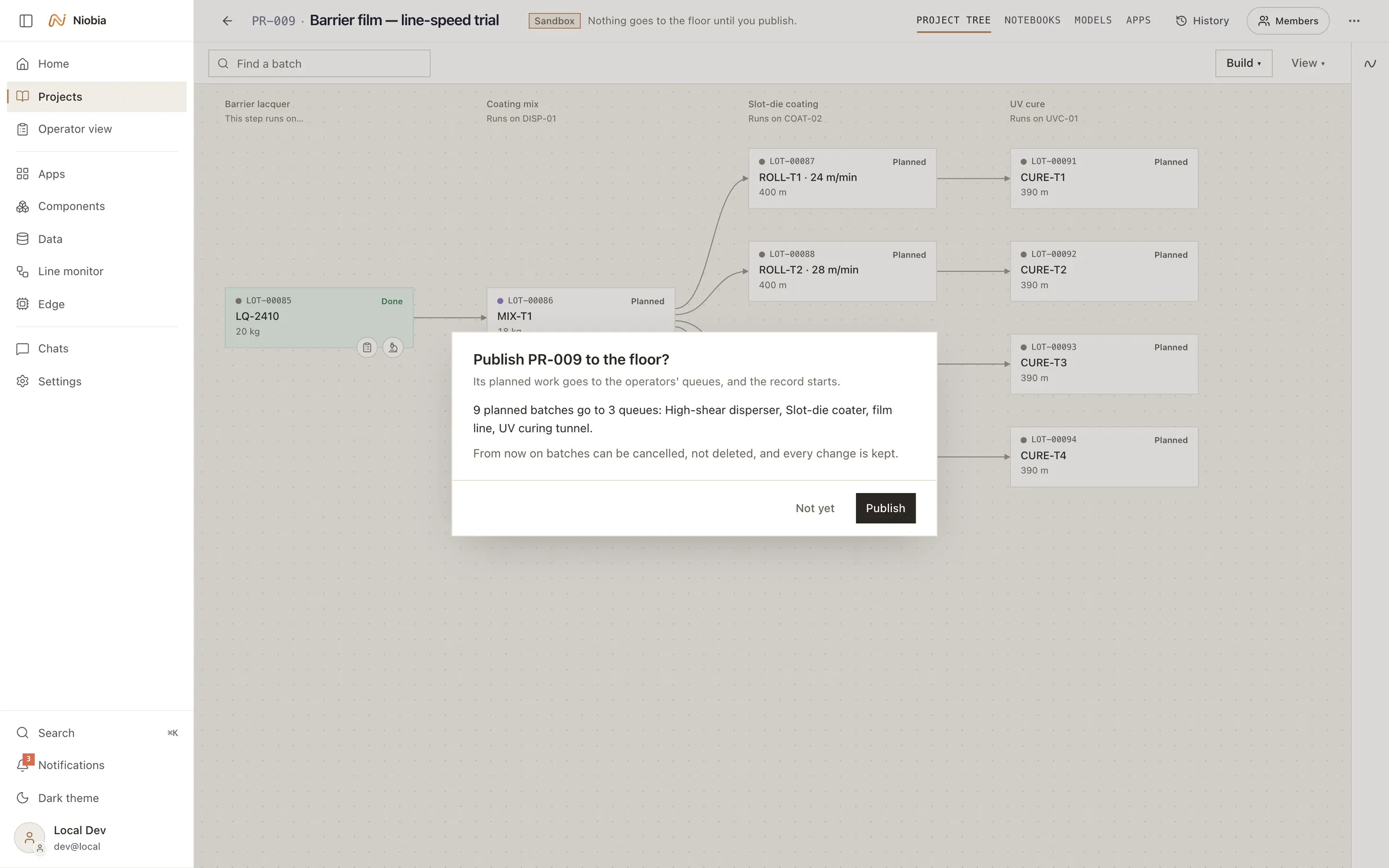 Lab OS: publishing the trial sends nine planned batches to three operator queues.