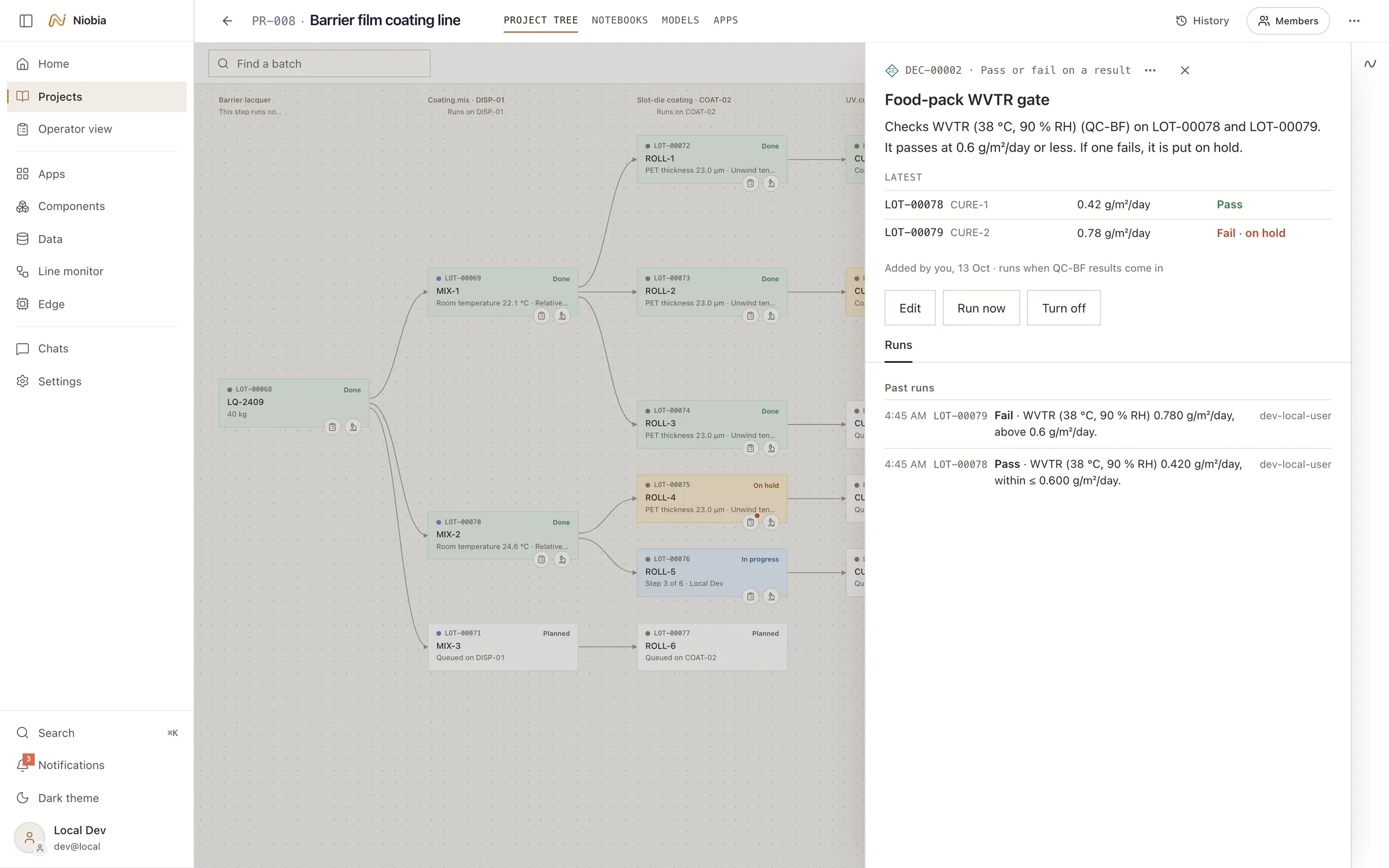 Lab OS: a decision gate that passes one batch and puts another on hold.