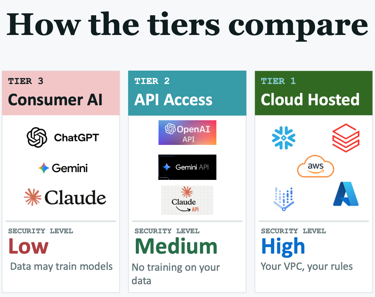 Side-by-side comparison of Consumer AI, API Access, and Cloud Hosted tiers